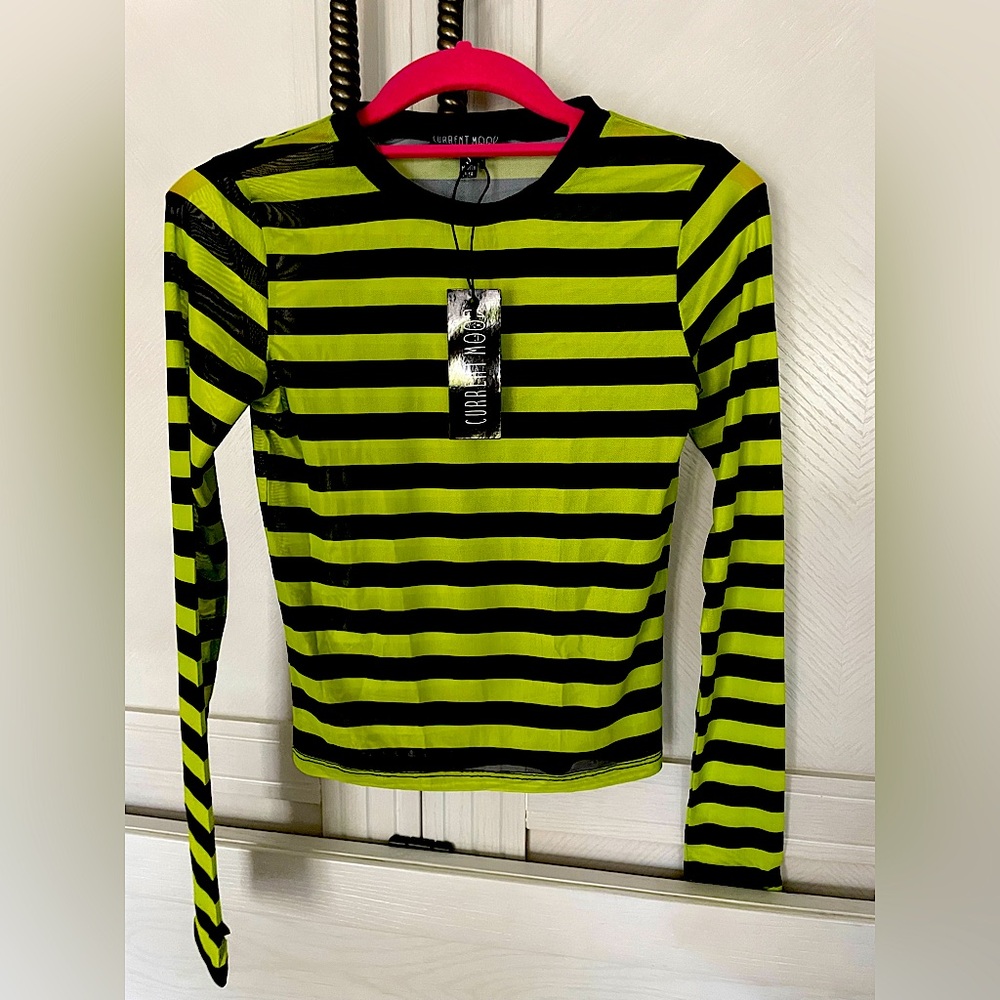 NWT Current Mood/DollsKill Green & Black Striped Mesh Top